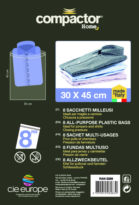 SET 8 Sacchi per Camicie con Zip - 30 X H.45 CM - Compactor 3 Compactor