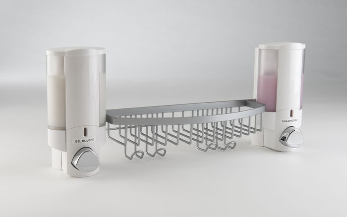 Dispenser sapone da muro doppio bianco con cestello 1 Compactor