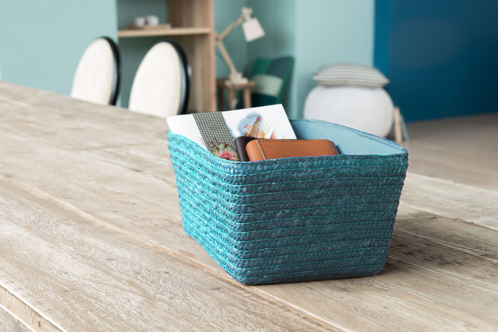 Hawaii - Cestino in paglia intrecciata con cartone interno e fodera in tessuto - Turchese 2 Compactor